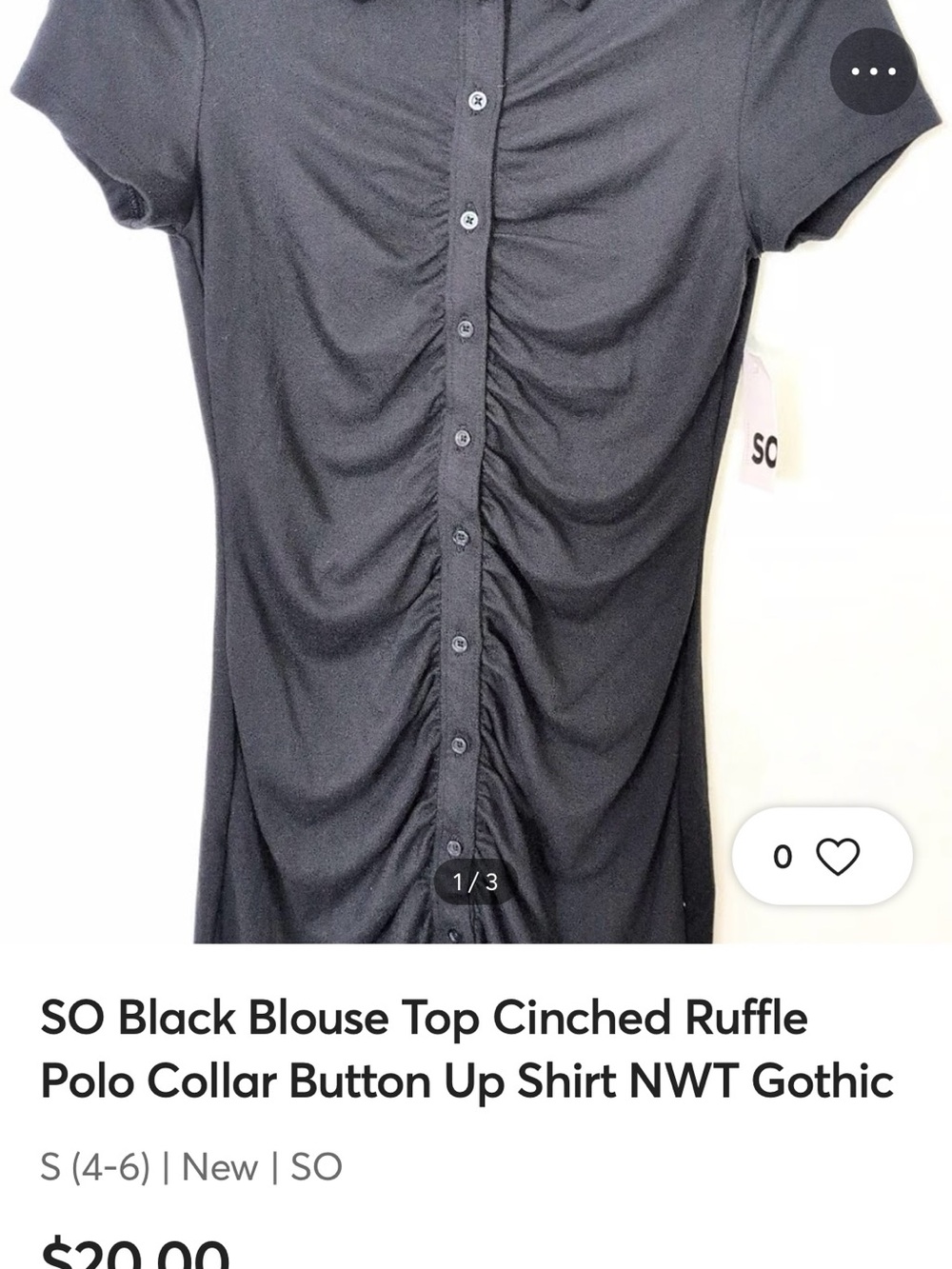 SO Black Cinched Ruffle Button-Down Polo Top